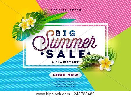 Summer Sale Design With Flower And Exotic Leaves On Abstract Color Background. Tropical Floral Vecto