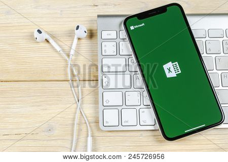 Sankt-petersburg, Russia, June 2, 2018: Microsoft Exel Application Icon On Apple Iphone X Screen Clo
