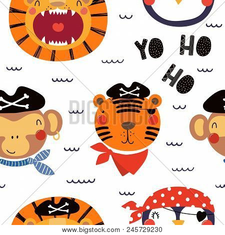 Hand Drawn Seamless Vector Pattern With Different Cute Pirate Animals, On A White Background. Scandi