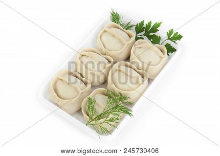 Freshly Frozen Semi-finished Products. Manty With Meat. The Product Is Packed On Plastic Potdtons. I