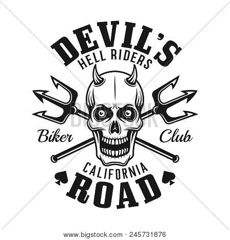 Devil Skull And Two Crossed Tridents Biker Club Vector Emblem Isolated On White Background