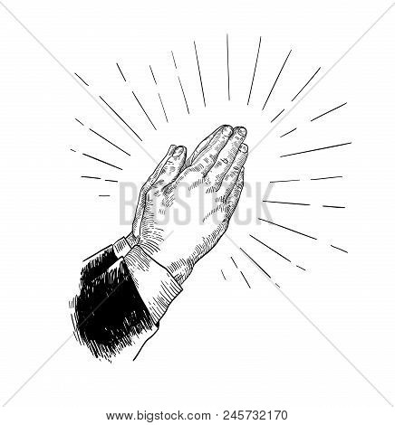 Folded Praying Hands Drawn With Black Contour Lines On White Background. Beautiful Retro Drawing Of 