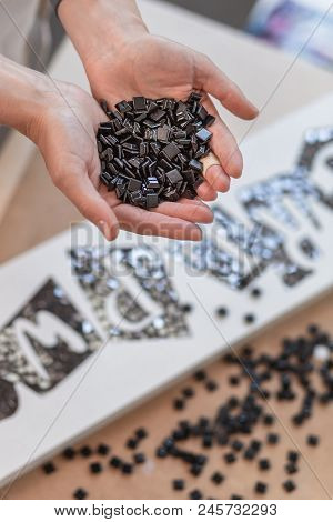 Workplace Of The Mosaic Master: Women's Hands Holding Tool For Mosaic Details In The Process Of Maki
