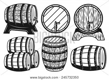 Wooden Barrels Different Variants Set Of Vector Objects And Graphic Elements In Vintage Style Isolat