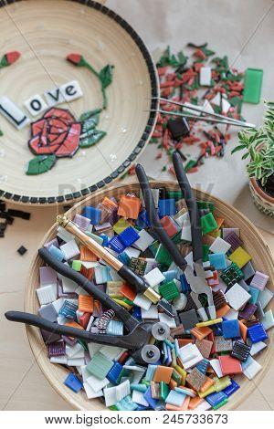 Workplace Of The Mosaic Master: Tools For Mosaic Details. Close-up. Creative Process.
