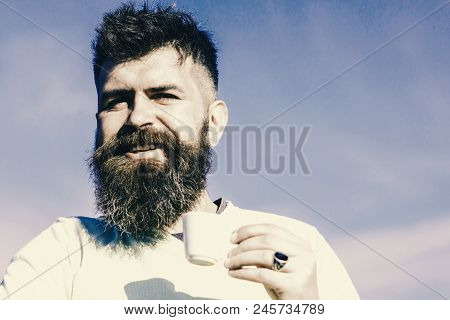 Coffee Taster Concept. Man With Long Beard Enjoy Coffee. Bearded Man With Espresso Mug, Drinks Coffe