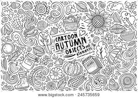 Line Art Vector Hand Drawn Doodle Cartoon Set Of Autumn Theme Items, Objects And Symbols