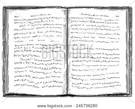 Vector Artistic Pen And Ink Drawing Illustration Of Old Open Book With Undefined Abstract Handwritte