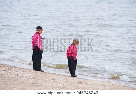 Urk, Netherlands - May 19, 2018: Unknown Boys In Traditional Costumes On The Urkerdays. Urk Is On Of