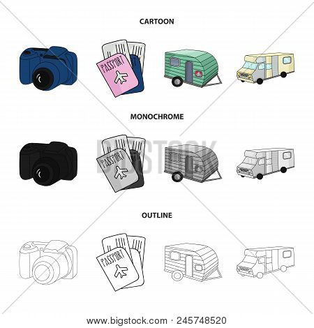 Vacation, Photo, Camera, Passport .family Holiday Set Collection Icons In Cartoon, Outline, Monochro