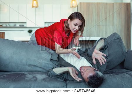 Drunk Husband. Young Beautiful Wife Feeling Extremely Irritated While Looking At Her Drunk Husband L