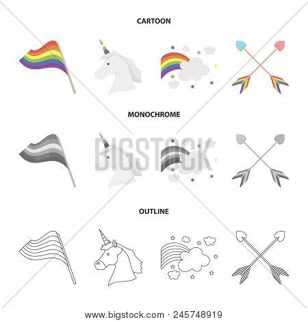 Flag, Unicorn Symbol, Arrows With Heart.gay Set Collection Icons In Cartoon, Outline, Monochrome Sty