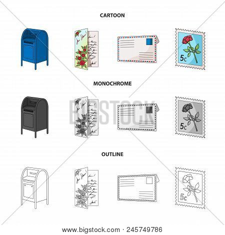 Mailbox, Congratulatory Card, Postage Stamp, Envelope.mail And Postman Set Collection Icons In Carto