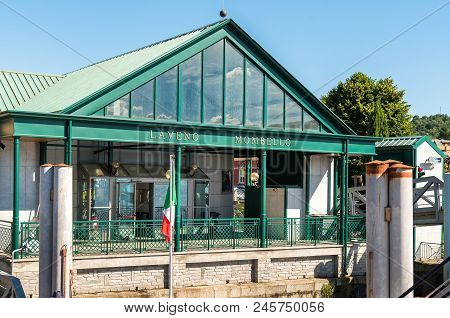 Laveno Mombello, Varese, Italy - June 14, 2018: Boarding Place On The Ferries With Ferry And Ticket 