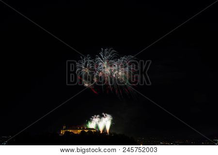 Beautiful colorful firework in city Brno on Spilberk