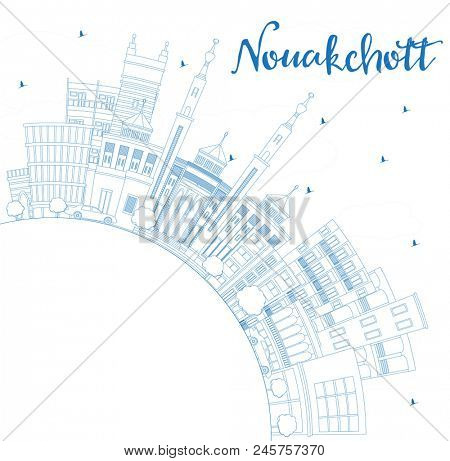 Outline Nouakchott Mauritania City Skyline with Blue Buildings and Copy Space. Business Travel and Tourism Concept with Modern Architecture. Nouakchott Cityscape with Landmarks.
