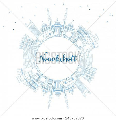 Outline Nouakchott Mauritania City Skyline with Blue Buildings and Copy Space. Business Travel and Tourism Concept with Modern Architecture. Nouakchott Cityscape with Landmarks.
