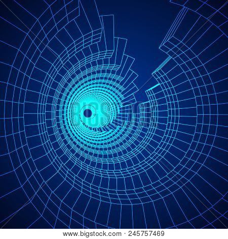 Futuristic Tunnel Of Wireframe Low Poly Mesh Construction. Futuristic Background, Business Concept. 