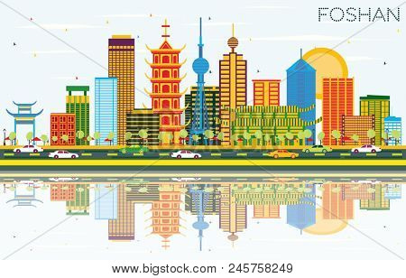 Foshan China Skyline with Color Buildings, Blue Sky and Reflections. Business Travel and Tourism Concept with Modern Architecture. Foshan Cityscape with Landmarks.