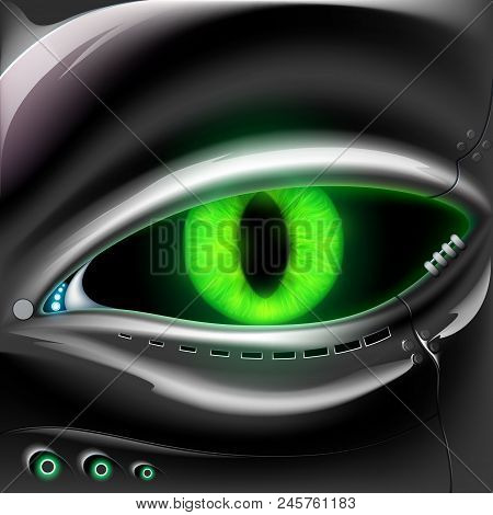 Robot Face With Cat Green Eyes. Stock Vector Illustration.