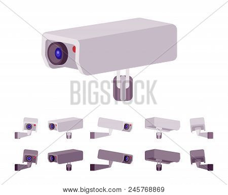 Cctv Camera Set. Closed-circuit Television System For Outdoor Recordings, Monitoring. City Street Be