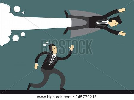 Business Superman Flying Past A Running Businessman. Concept Of The Speed And Achievement Of Super H
