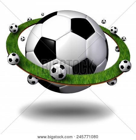 Global Soccer Symbol And International Football Concept As A Planet Shaped Ball With Grass Field Rin