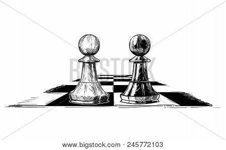Vector Artistic Pen And Ink Drawing Illustration Of Two Chess Pawns, Black And White, Facing Each Ot