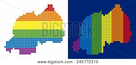 Dot Lgbt Rwanda Map Versions. Vector Geographic Plans In Lgbt Flag Colors With Vertical And Horizont
