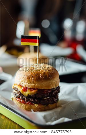 Fresh Tasty Burger With Meat Chop, Cheese And Sesame Seeds Buns