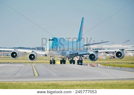 Prague, Czech Republic - June 16, 2018: Boeing 747-8i Of Korean Air Is Taxiing To Runway At Vaclav H
