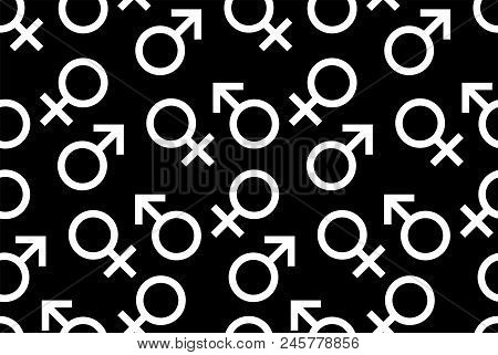 Seamless Pattern Of Gender Icons, Men And Women Gender Signs. Monochrome Style. Isolated On Black Ba