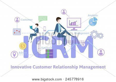 Icrm, Innovative Customer Relationship Management. Concept With Keywords, Letters And Icons. Colored