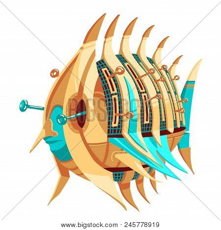 Robot-fish With Yellow And Turquoise Metal Parts And A Levers. Round Fish Robot With Pointy Fins. Ex