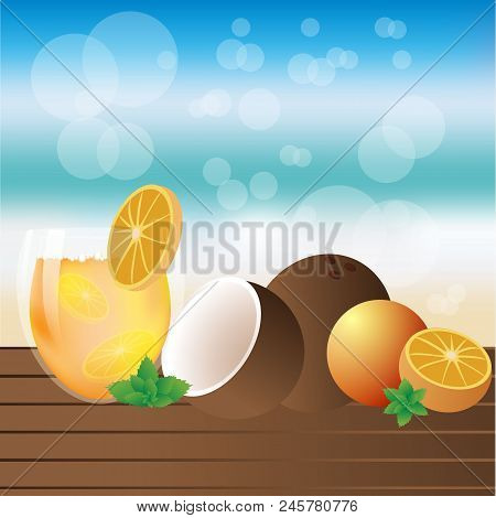 Summer Illustration  Beach Style Vector Illustration , Wood Desk And Tropic Fruits With Blurred Sky 