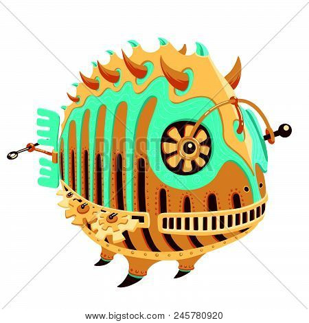 Robot-fish With Yellow And Turquoise Metal Parts And A Propeller. Round Hollow Fish Robot. Exotic Me