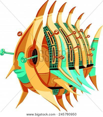 Robot-fish With Yellow And Turquoise Metal Parts And A Levers. Round Fish Robot With Pointy Fins. Ex