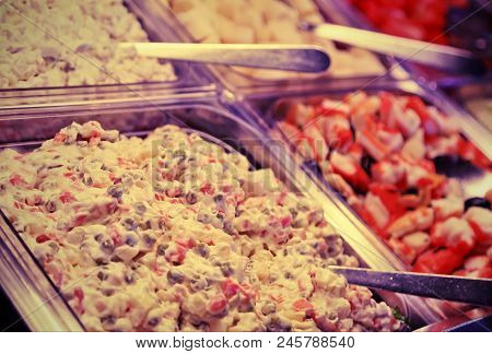 Self-service Canteen With Tray Full Of Food And Russian Salad With Vintage Effect