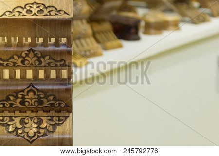 Store Of Ingenious Rihals. Wooden Book Stands In Bukhara, Uzbekistan. Holly Quran Kuran Koran Book H
