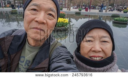 Asian Senior Couple Selfie Happy Retirment Trip To Europe