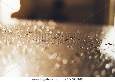 Blue Glass With Raindrops Background Texture Horizontal Top View Isolated, Rain On The Window Backdr