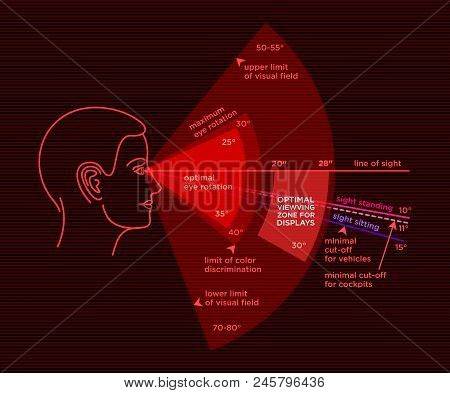 Ergonomics Angle View. Human Sight Range.. Correct Sitting And Standing Angle When Using A Computer.