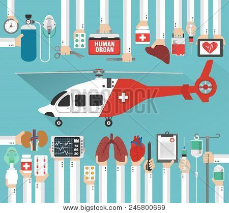 Human Organ Transplatation  Flat Design With Helicopter.vector Illustration