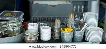 Tableware For Making Coffee. Copy Space. Banne