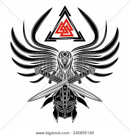 The Vector Drawing Of A Raven With The Opened Wings, A Helmet Of The Viking And Two Swords. Sacred S