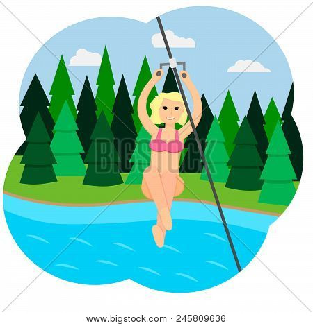 A Girl In A Pink Swimsuit Descends With A Zip-line.