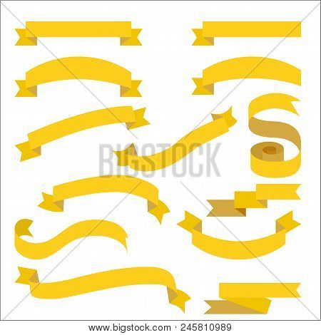 Set With Yellow Ribbons For Topics. Empty Golden Ribbons Collection For Tags And Titles.