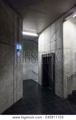 Elevator In New House, Modern Reinforced Concrete Core, Contemporary Lift In Office Building, Concre