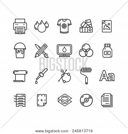 Printing Signs Black Thin Line Icon Set Include Of Bottle, Pencil, Screen And Image. Vector Illustra