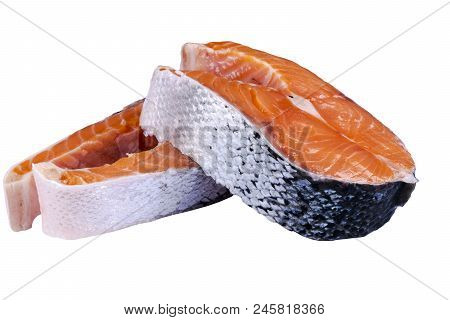 Fresh Salmon Steak Isolated On The White Background. Salmon Red Fish Steak. Large Pile Of Trout Stea